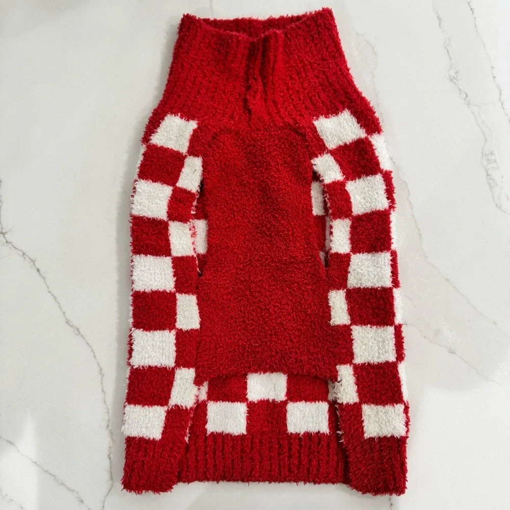 Dog Christmas Sweater Pullover Checkerboard Red White Size L